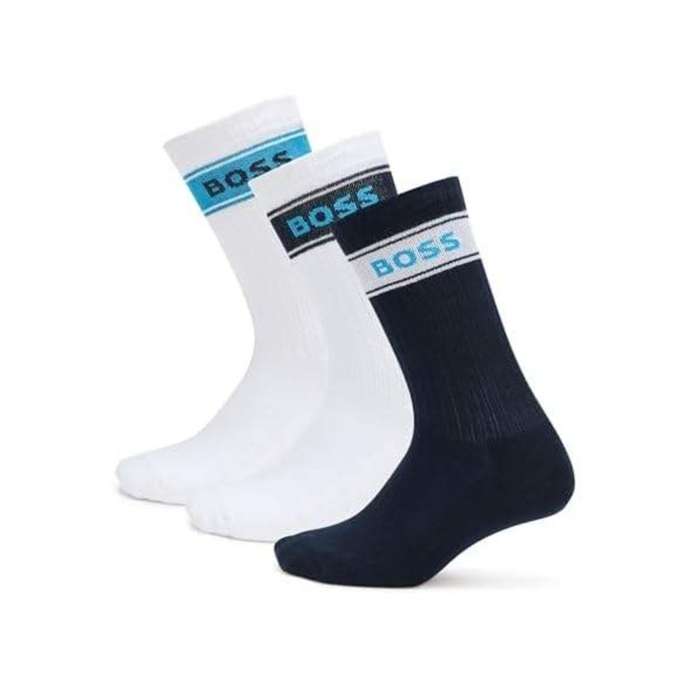 BOSS Hugo Boss Mens 3-Pack  Socks White Navy Logo Stripe Athletic